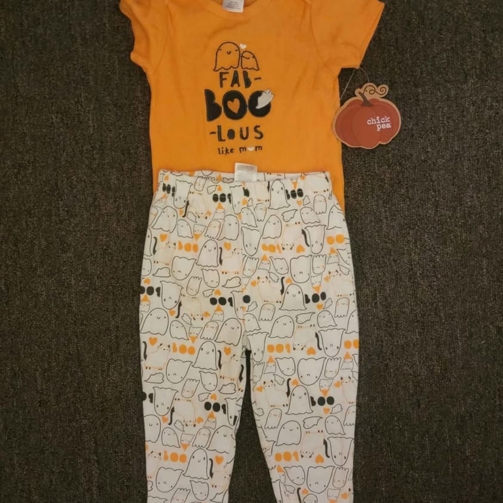 Chick Pea Orange and White 'Fab-Boo-lous Like Mom' Baby Halloween Set 6-9 Months